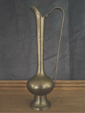 Vintage Brass Ewer Bud Vase Etched Middle Eastern Pitcher Decor